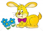 32548-Clipart-Illustration-Of-A-Yellow-Rabbit-Wearing-A-Purple-Bow-Smelling-Blue-Spring-Flowers