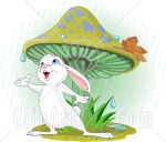 39049-Clipart-Illustration-Of-A-Wild-White-Bunny-Rabbit-Standing-Under-A-Mushroom-Reaching-Out-To-Catch-Rain-Drops-In-His-Hand