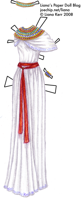 halloween-costume-eight-egyptian-cleopatra-white-linen-dress-with-blue-lotus-pattern-and-jeweled-collar-and-red-sash-tabbed
