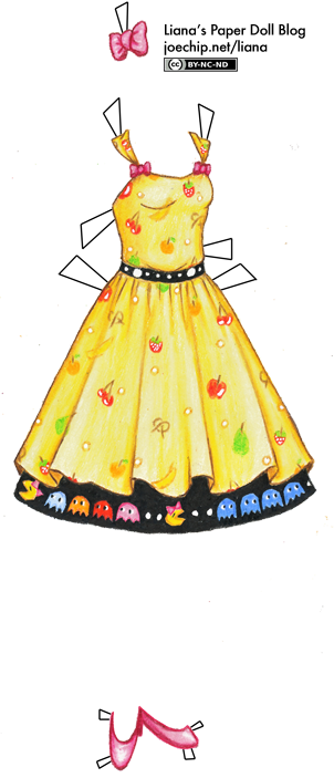 retro-yellow-and-black-mrs-pac-man-dress-with-fruit-pattern-and-pink-bow-tabbed