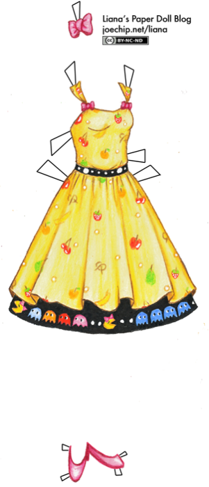 retro-yellow-and-black-mrs-pac-man-dress-with-fruit-pattern-and-pink-bow-tabbed