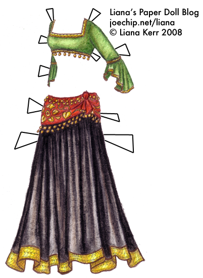 tribal-belly-dance-costume-with-green-choli-with-gold-trim-red-and-gold-hipscarf-with-gold-coins-and-full-black-skirt-with-gold-